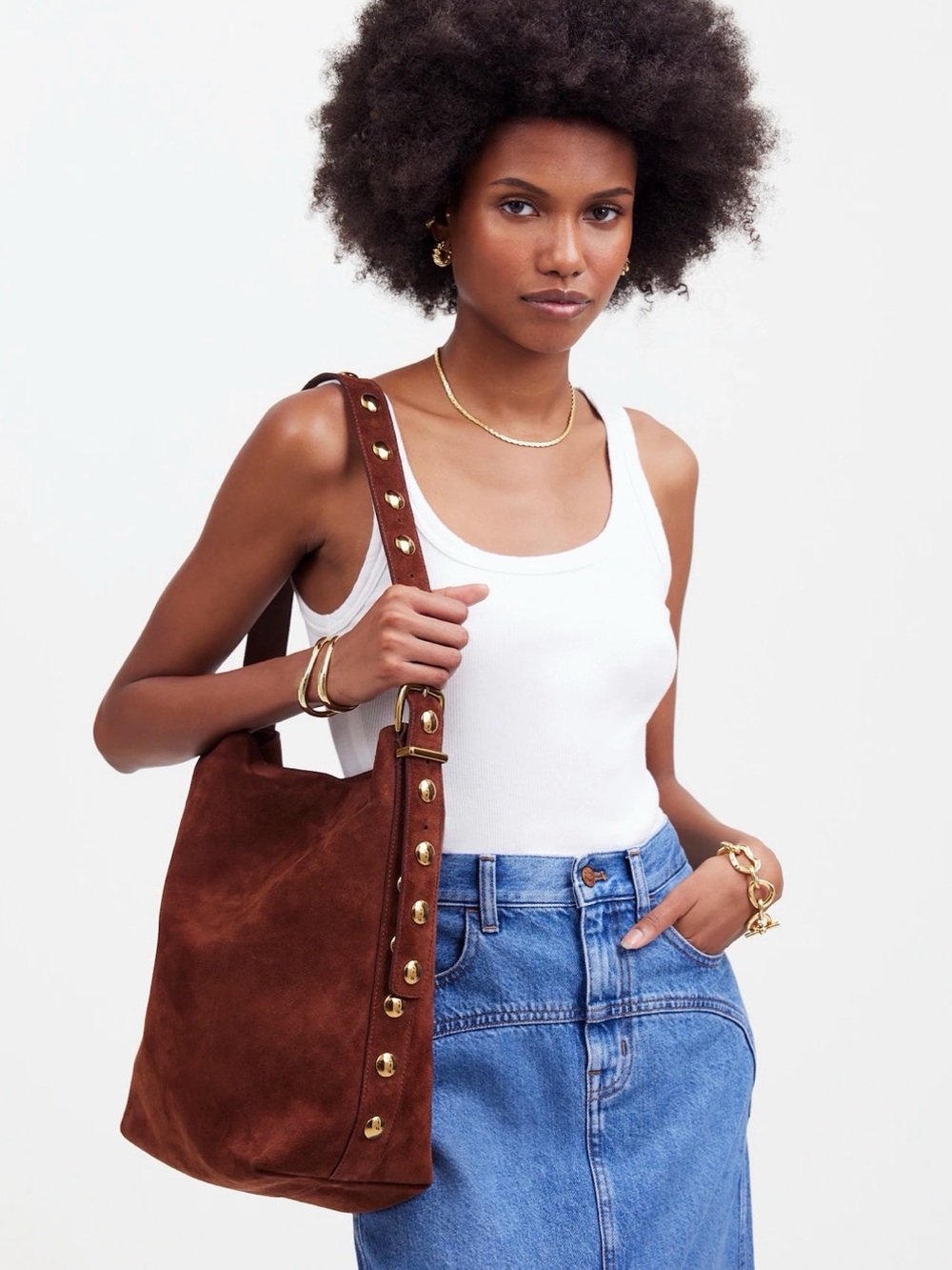 Madewell The Essential Bucket Tote Mahogany Suede with Gold Stud Strap